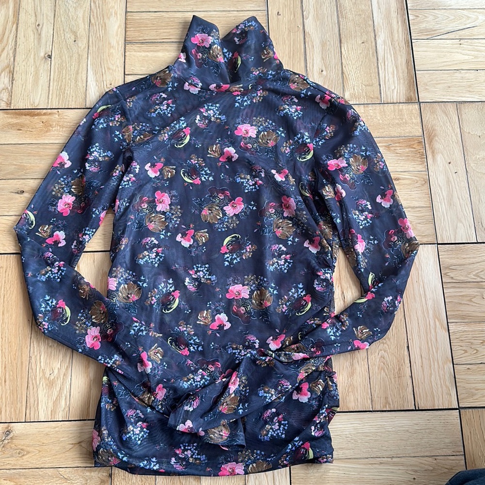 Cinq à Sept Sheer Floral Turtleneck Shirt